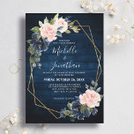 Rustic Wood Navy Blue Blush Pink Geometric Wedding Invitation<br><div class="desc">Dark navy blue floral geometric wedding Invitation featuring elegant bouquet of navy blue,  royal blue ,  white ,  blush rose and sage green eucalyptus leaves and elegant glitter geometric neutral frame. Please contact me for any help in customization or if you need any other product with this design.</div>