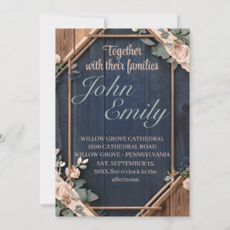 Rustic Wood Navy Blue Blush Pink Geometric Wedding Invitation