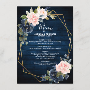 Rustic Wood Navy Blue Blush Pink Geometric Wedding Menu