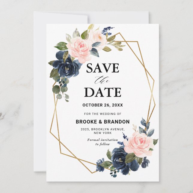 Rustic Wood Navy Blue Blush Pink Geometric Wedding Save The Date (Front)