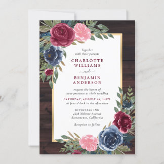 Rustic Wood Navy Blue Burgundy Gold Floral Invitation