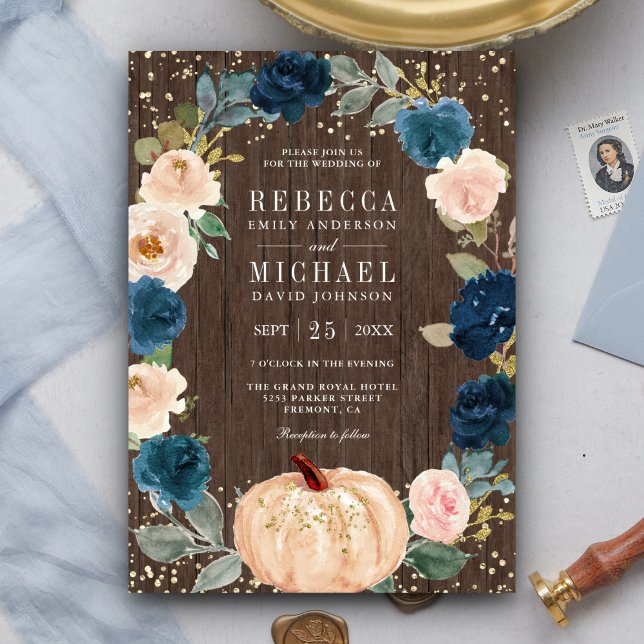 Rustic Wood Navy Blue Peach Floral Pumpkin Wedding Invitation (Creator Uploaded)
