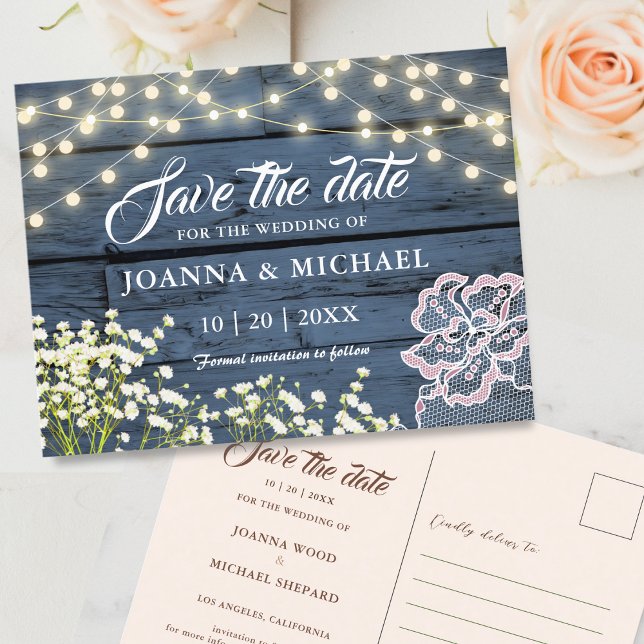 Rustic Wood Navy Blue String Lights Save the Date Postcard (Creator Uploaded)
