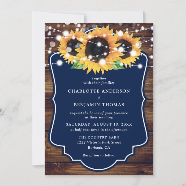 Rustic Wood Navy Blue Sunflower Wedding Invitation (Front)