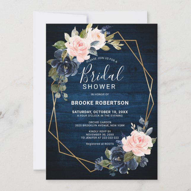 Rustic Wood Navy Blush Geometric Bridal Shower Invitation (Front)