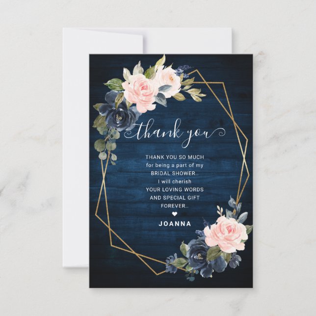 Rustic Wood Navy Blush Geometric Bridal Shower Thank You Card (Front)