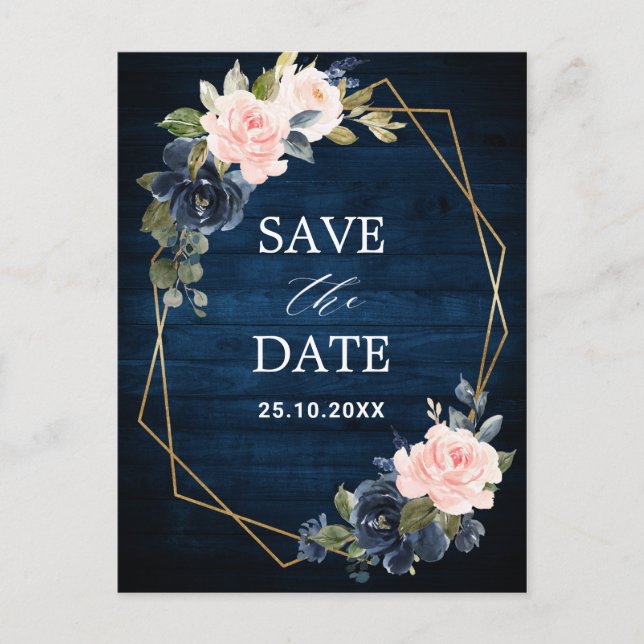 Rustic Wood Navy Blush Geometric Save the Date Postcard (Front)