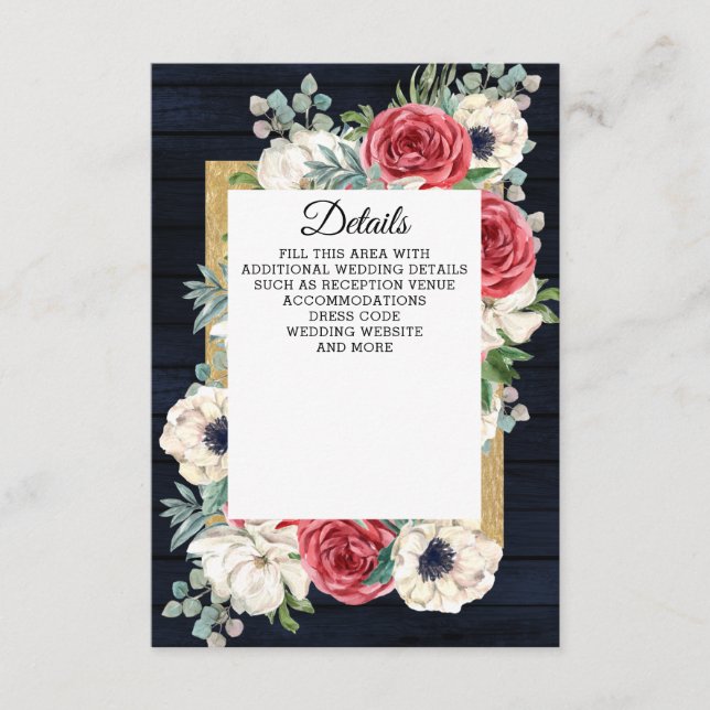Rustic Wood Navy Burgundy Gold Floral Wedding Enclosure Card (Front)
