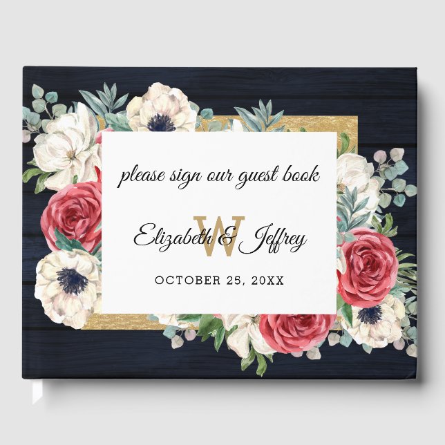 Rustic Wood Navy Burgundy Gold Floral Wedding Guest Book (Front)