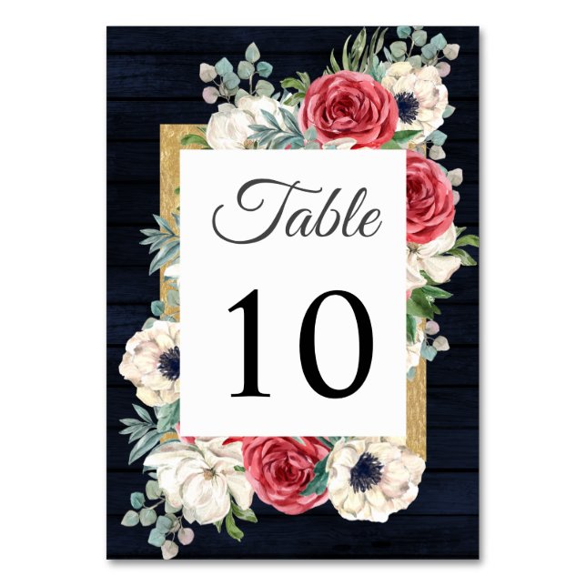 Rustic Wood Navy Burgundy Gold Floral Wedding Table Number (Front)