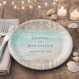 Rustic Wood Ocean Beach String Lights Wedding Paper Plate