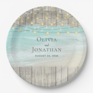 Rustic Wood Ocean Beach String Lights Wedding Paper Plate