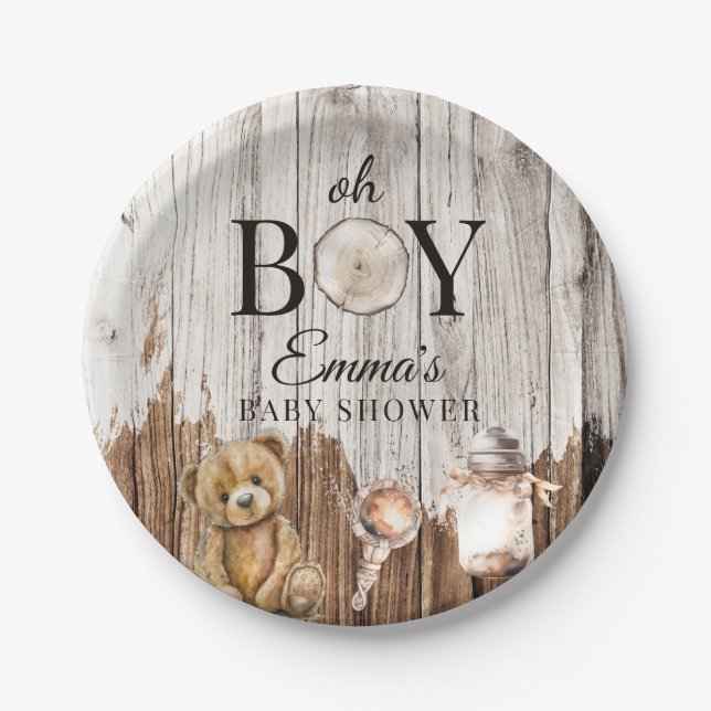 Rustic Wood Oh Boy Baby Shower Invitation Paper Plate (Front)