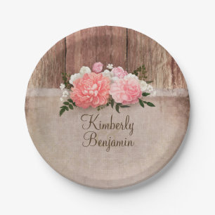 Rustic Wood Old Burlap Pink Flowers Barn Wedding Paper Plate