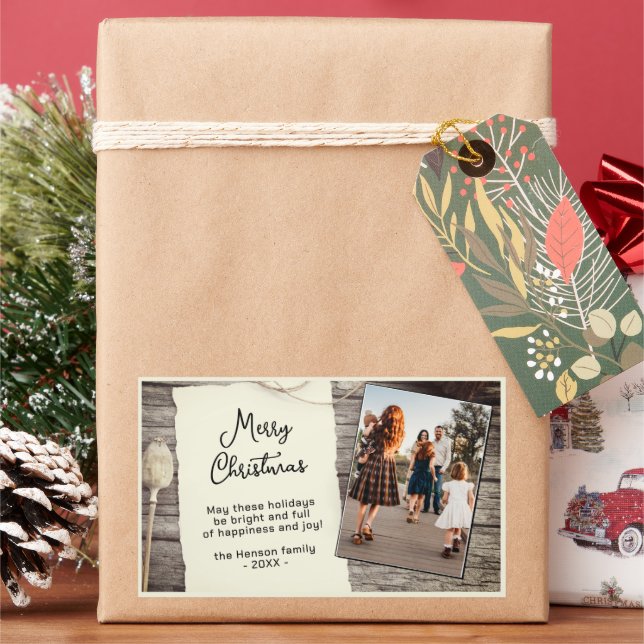 Rustic Wood Old Paper Script Christmas Photo Sticker (Holiday)