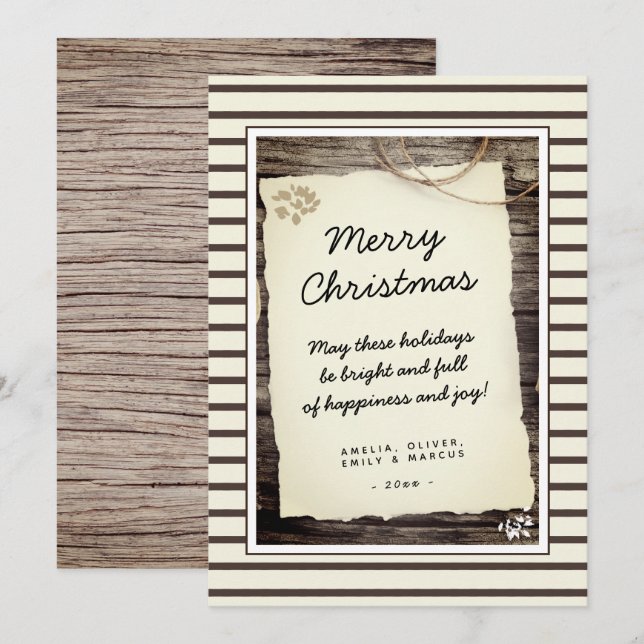 Rustic Wood Old Paper Script Merry Christmas Holiday Card (Front/Back)