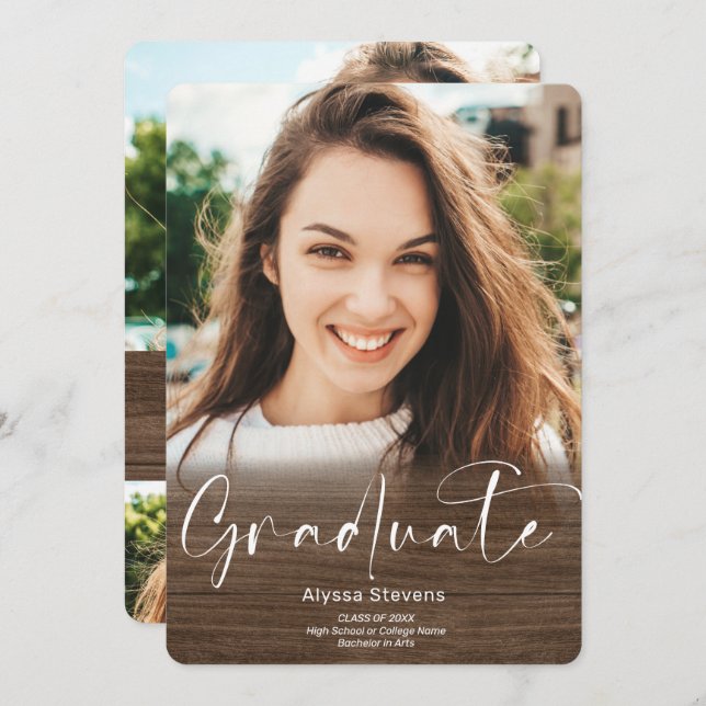 Rustic wood ombre script 4 photos graduation announcement (Front/Back)