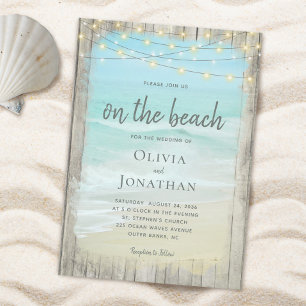 Rustic Wood On The Beach String Lights Wedding Invitation
