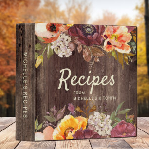 Rustic Wood Orange Burgundy Floral Recipes Binder