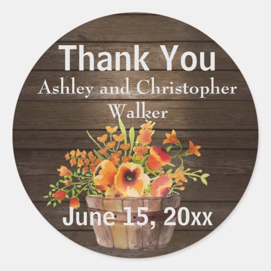 Rustic Wood Orange Flowers Thank You Sticker