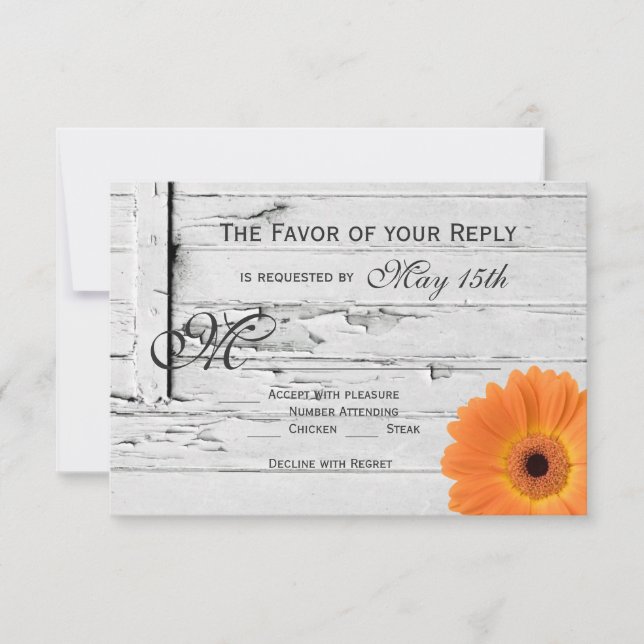 Rustic Wood Orange Gerber Daisy Wedding RSVP Cards (Front)