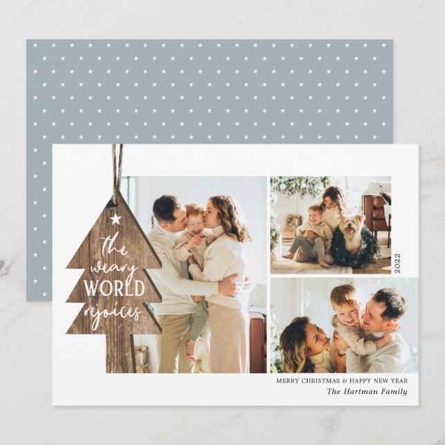 Rustic Wood Ornament 3 Photo Collage Christmas Holiday Card (Front/Back)