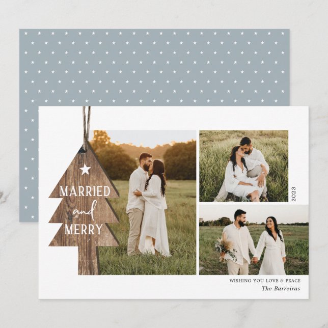 Rustic Wood Ornament Newlywed 3 Photo Christmas Ho Holiday Card (Front/Back)
