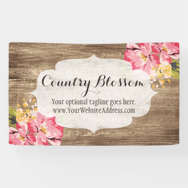 Rustic Wood & Painted Pink Hibiscus Flower Country Banner (Horizontal)