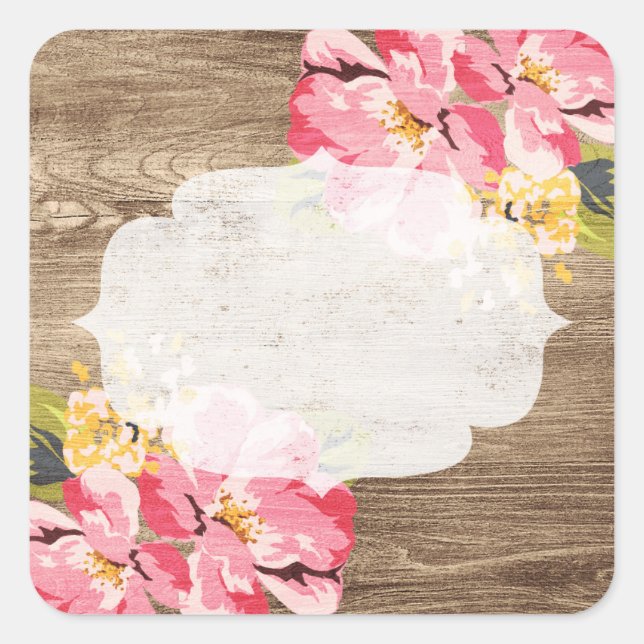Rustic Wood & Painted Pink Hibiscus Flower Country Square Sticker (Front)