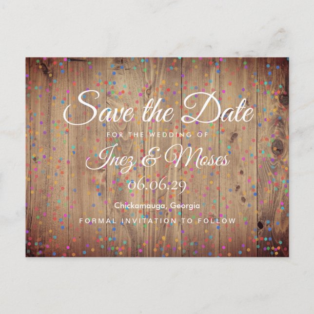 Rustic Wood Panels Rainbow Confetti Save the Date Announcement Postcard (Front)