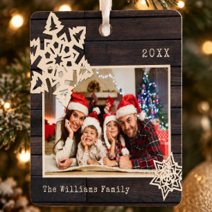 Rustic Wood Papercut Snowflake Custom Family Photo Metal Ornament