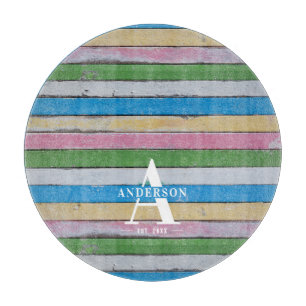 Rustic Wood Pastel Stripes Family Name Cutting Board