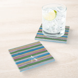 Rustic Wood Pastel Stripes Family Name Glass Coaster