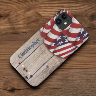 Rustic Wood Patriotic Red White Custom Name Case-M iPhone 11 Case