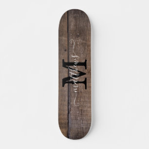 Rustic Wood Pattern Monogram Script Name  Skateboard