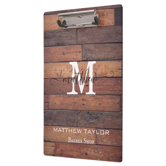 Rustic Wood Pattern Oak Monogram Script Custom  Clipboard (Left)