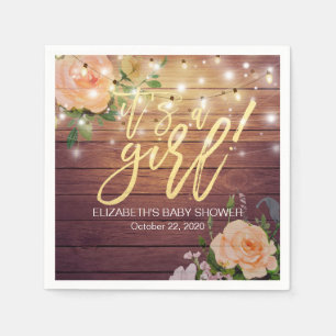 Rustic Wood Peach Floral String Lights Baby Shower Napkin