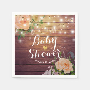 Rustic Wood Peach Floral String Lights Baby Shower Napkin