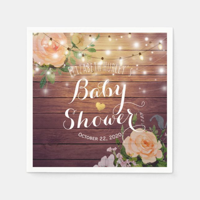 Rustic Wood Peach Floral String Lights Baby Shower Napkin (Front)