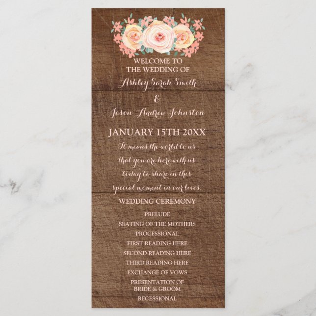 Rustic Wood Peach Floral Wedding Program (Front)