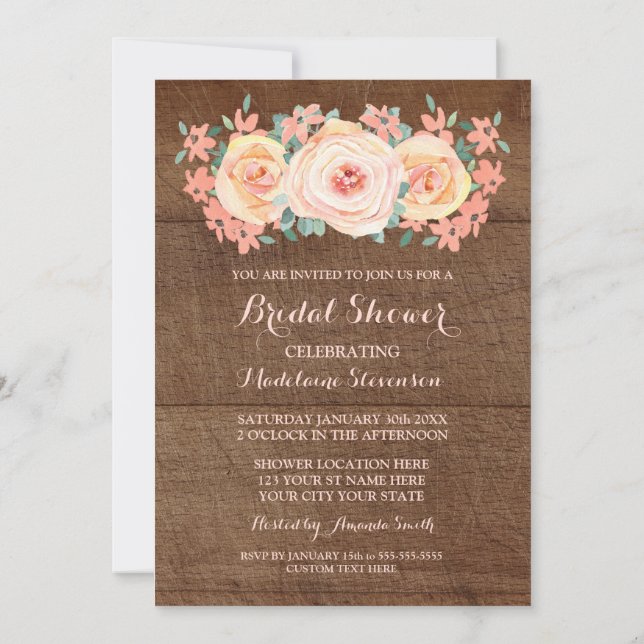 Rustic Wood Peach Watercolor Floral Bridal Shower Invitation (Back)