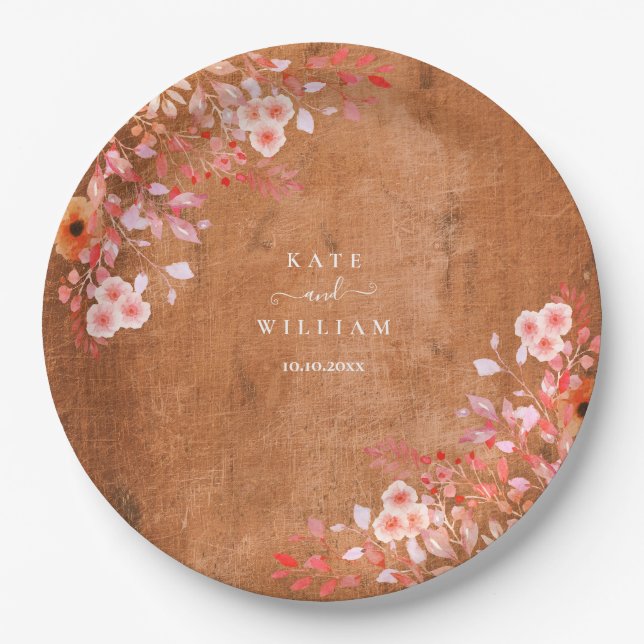 Rustic Wood Peach Wildflowers Floral Wedding Paper Plate (Front)