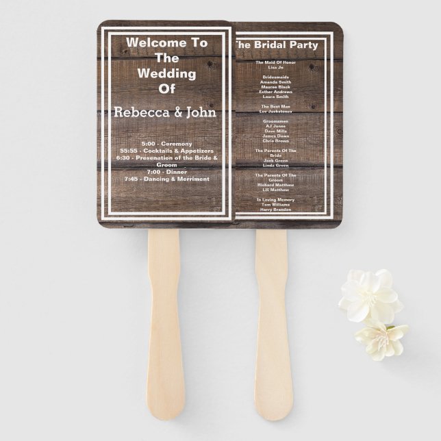 Rustic Wood Personalised Wedding Program Hand Fan (Front and Back)