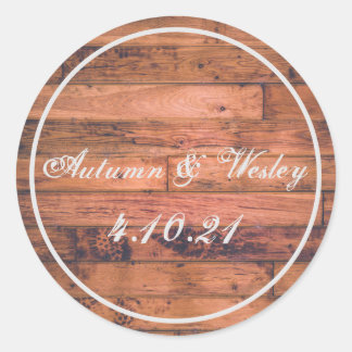 Rustic Wood Personalize Name Date Classic Round Sticker