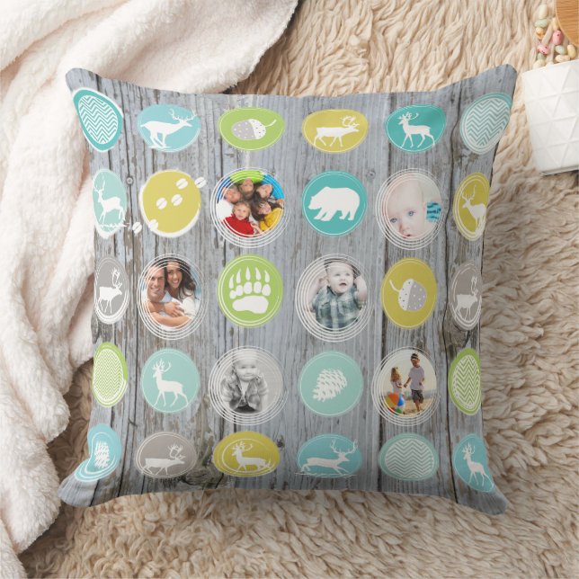 Rustic Wood Personalized Christmas with Bear Photo Throw Pillow (Blanket)