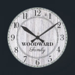 Rustic Wood Personalized Family Name  Round Clock<br><div class="desc">A rustic modern white washed barn wood shiplap monogrammed family name wall clock. Great for your rustic or farm style home or cabin.</div>