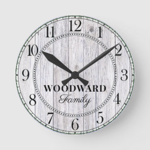 Rustic Wood Personalized Family Name Round Clock
