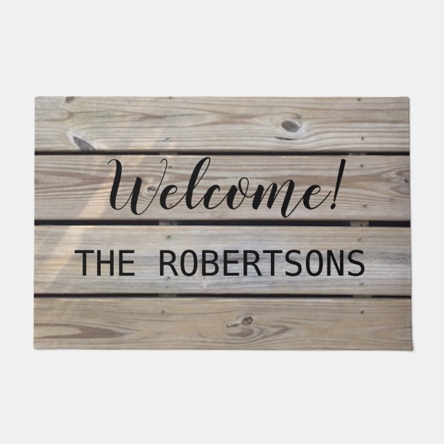 Rustic Wood Personalized Family Name Welcome Doormat (Front)