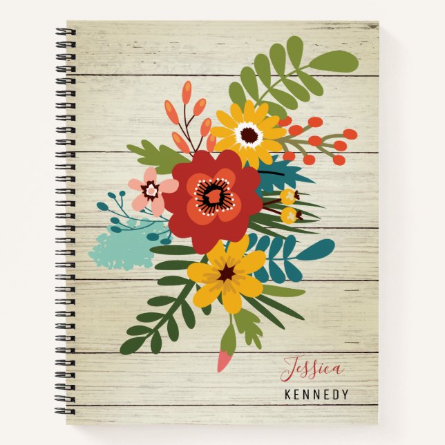  Rustic Wood Personalized Name  Colourful Floral Notebook (Front)