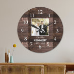 Rustic Wood Personalized Photo Wedding Anniversary Large Clock<br><div class="desc">Wedding clocks to personalize with the couple's photo and last name. The rustic wood background adds a country chic look. A great gift for weddings, anniversaries,  and new home housewarming .</div>